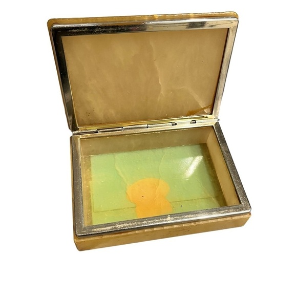 Alabaster Onyx Quartz Vintage Jewelry Box Floral Decal - Picture 2 of 7